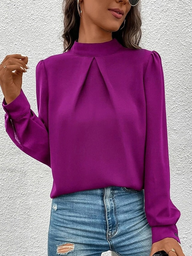 Women's Shirt Elegant Dressy Satin Top Solid Color Stylish