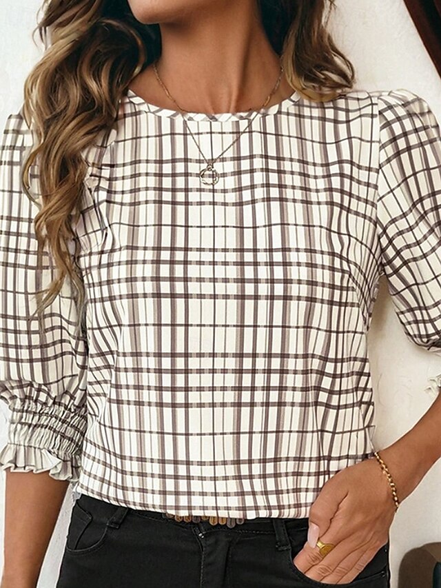 Women's Blouse Ruffle Plaid Stylish 3/4 Length Sleeve Crew