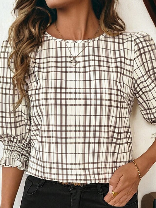 Women's Blouse Ruffle Plaid Stylish 3/4 Length Sleeve Crew