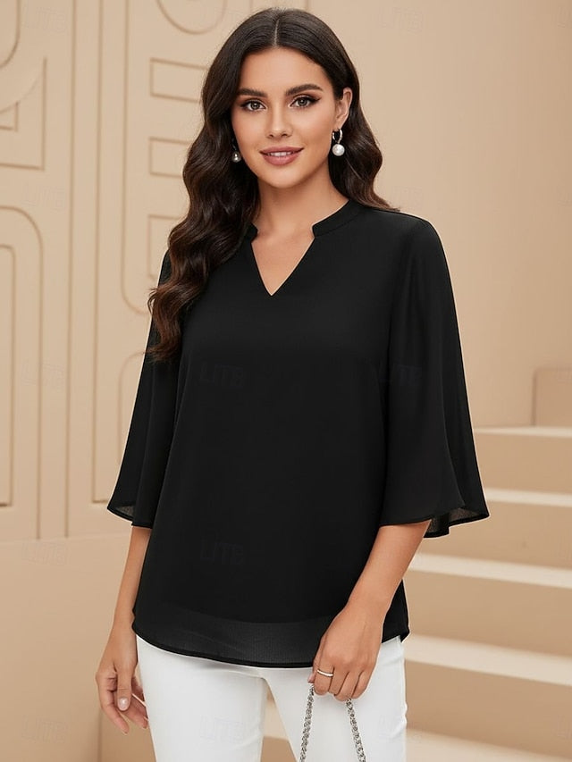 Women's Blouse Chiffon Tops Patchwork Plain Elegant Stylish