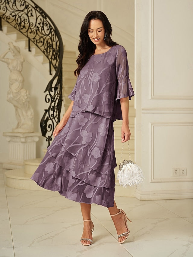 Women's Elegant Midi Mid Waist Skirts Floral Layered Floral