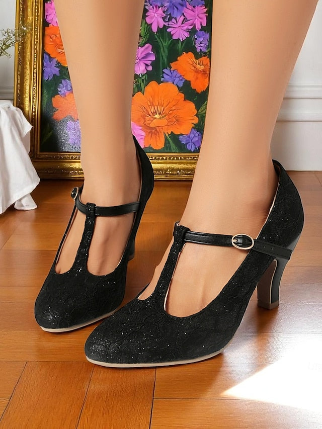 Ivory Heel Women's Mid Vintage Lace T-Strap Pumps-1920s