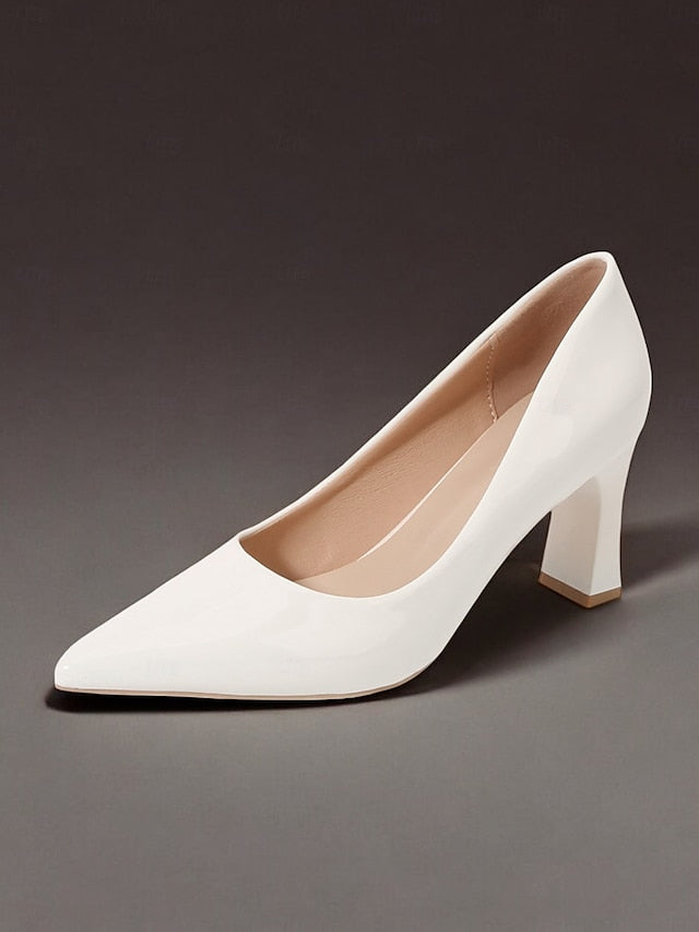 Glossy Heel Leather Pointed-Toe Patent Faux Block Pumps Green