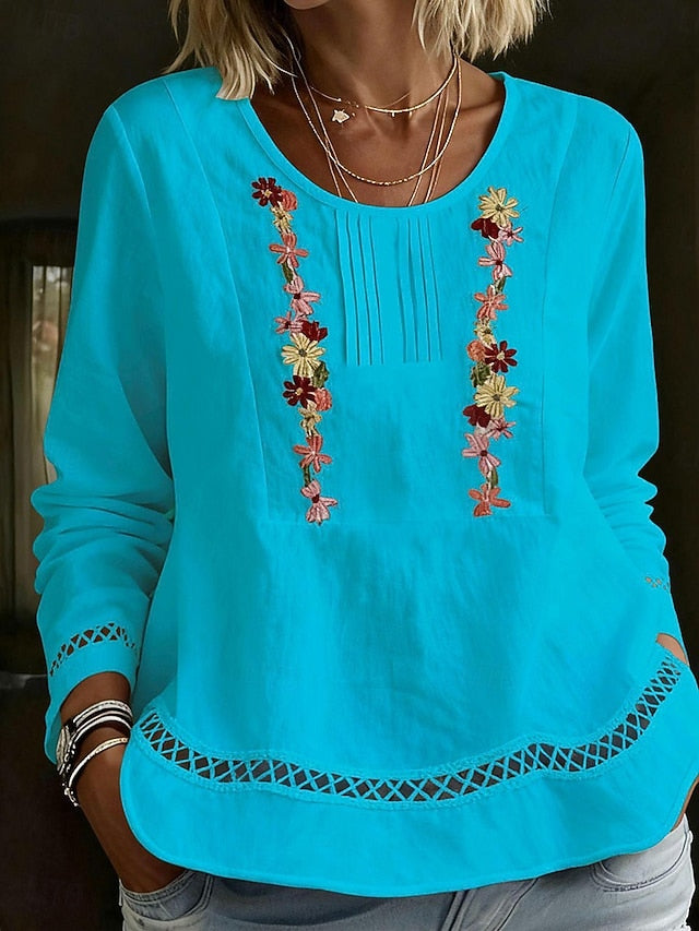 Women's Shirt Blouse Ruched Patchwork Embroidered Floral