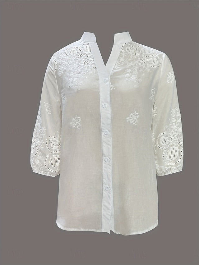 Women's Blouse Embroidered Buttons Solid Color Elegant