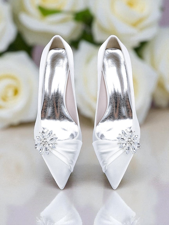 White Block with Women's Pumps Heel Low Crystal