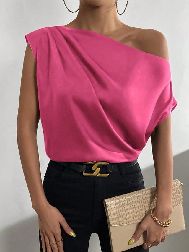 Women's Satin Tank T Shirt Tee Top Asymmetrical Plain