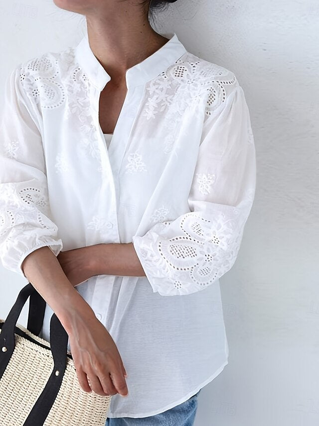 Women's Blouse Embroidered Buttons Solid Color Elegant