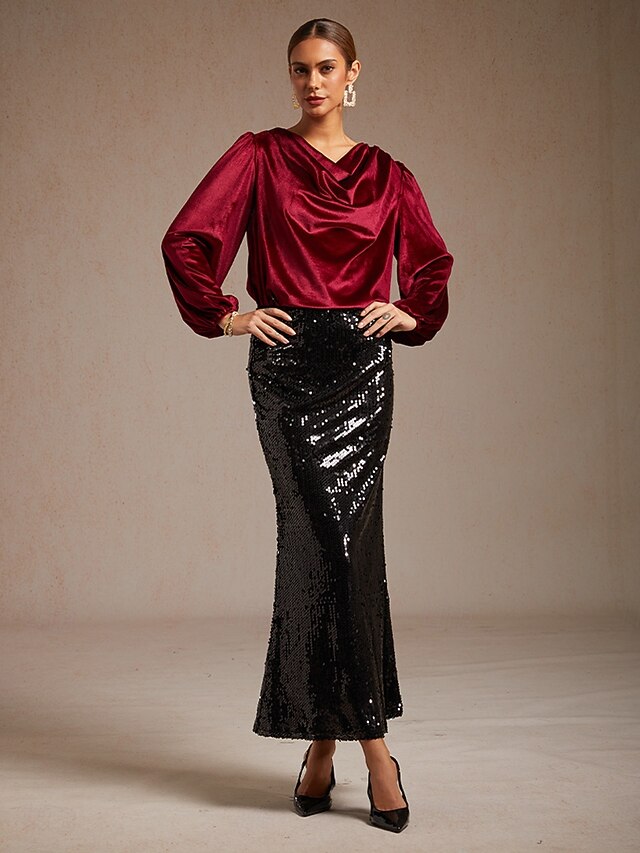 Women's Shirt Velvet Blouse Dressy Tops Elegant Cowl Neck