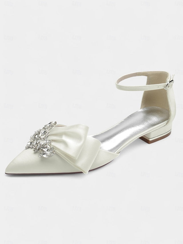 with Pointed-Toe Heels White and Rhinestone Satin Ankle Bow