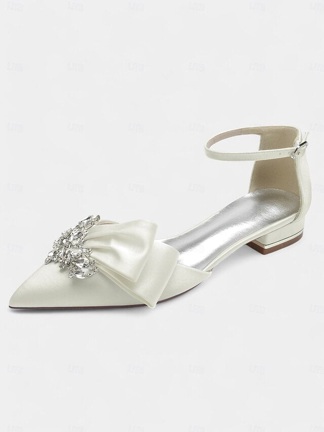 Rhinestone Satin Pointed-Toe Ankle White and Heels with Bow