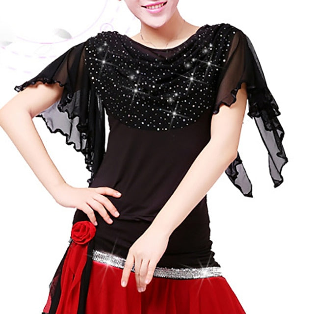 Latin Dance Ballroom Dance Sparkle Top Ruffles Pure Color