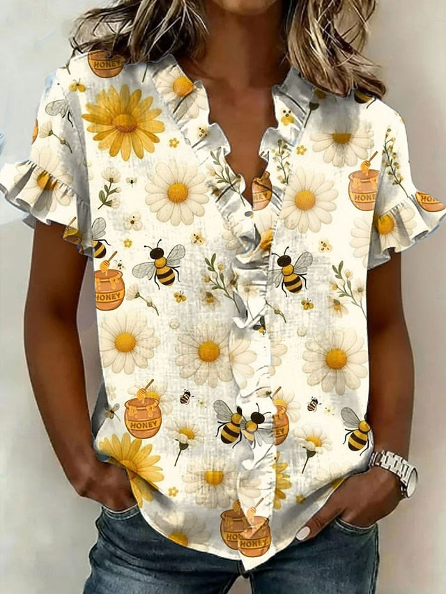 Women's Shirt Tunic Ruffle Floral Graphic Elegant Vintage