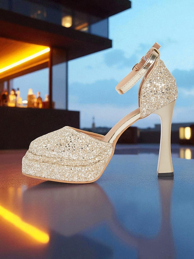 Gold Glitter High Heels Platform Women's