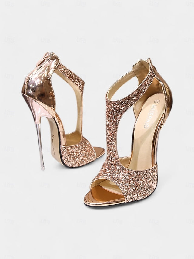 Stiletto Open Gold Heels and Toe for T-Strap with Design Glitter