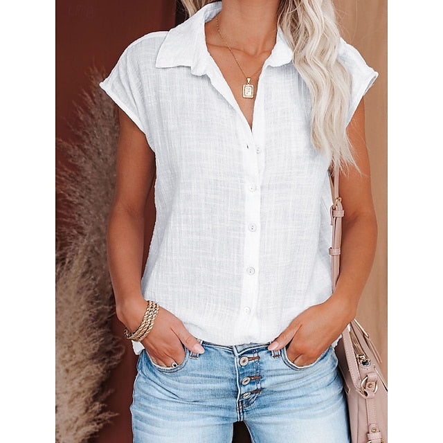 Women's Shirt Button Down Blouse Solid Color Plain Basic