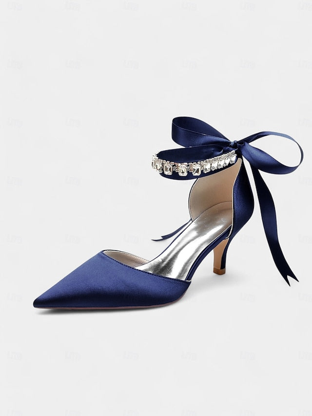 Blue Satin Rhinestone Heels Pointed-Kitten Strap Ankle and with