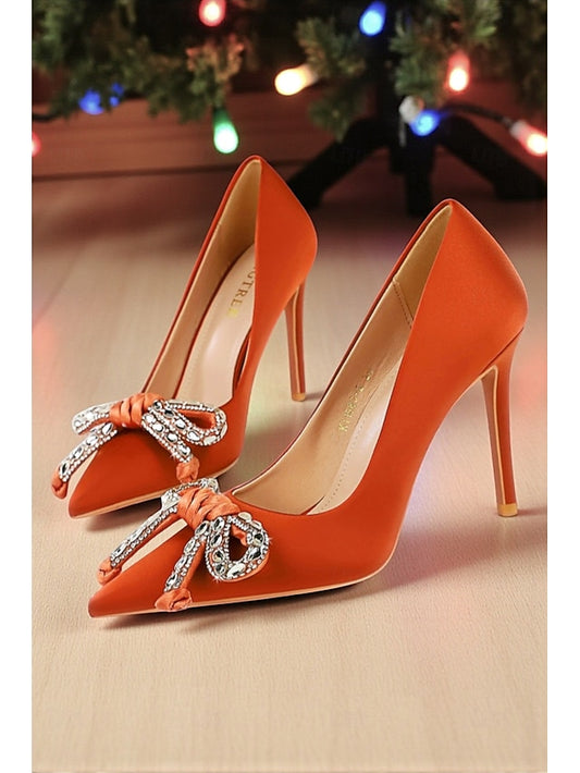 - Heels Bow Women's Stiletto Crystal Pointed Orange with