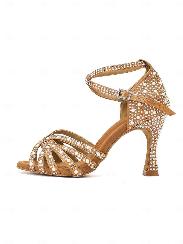 Sandals High Heel Tan Rhinestone-Embellished with Dance Latin