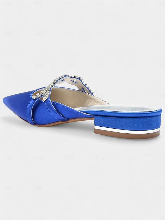 with - Detailing Mule Blue Rhinestone Pointed-Toe Satin Heels