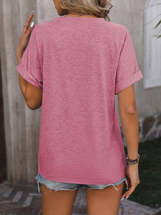 Women's T Shirt Tee Top Buttons Plain Fashion Stylish