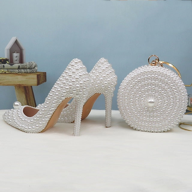 Heels Pearl Purse and Pearl-Embellished Round Stiletto Set White
