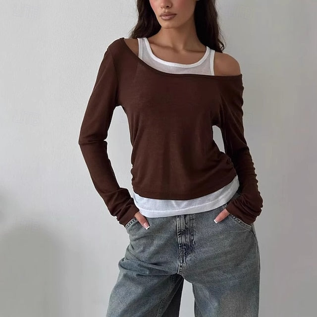 Women's T Shirt Double Layered Solid Color Stylish Hot