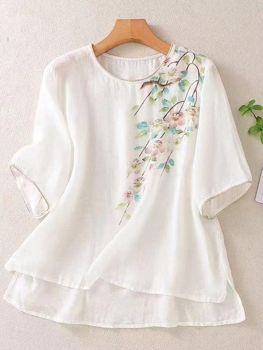 Women's Cotton Linen T Shirt Print Floral Fashion Modern
