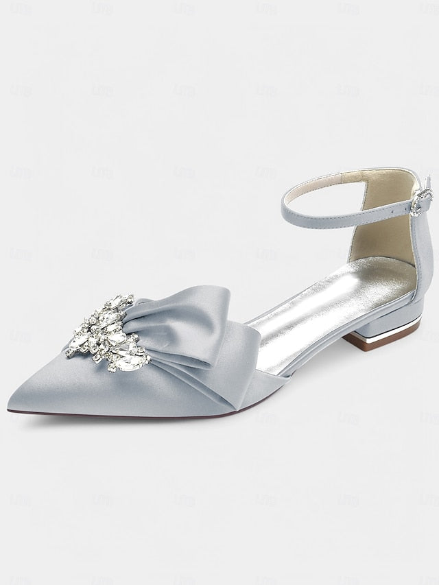 Rhinestone Satin Pointed-Toe Ankle White and Heels with Bow