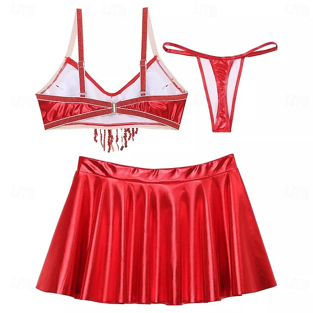 Retro Vintage 1980s Rave Skirt Outfits Crop Top Disco Shiny