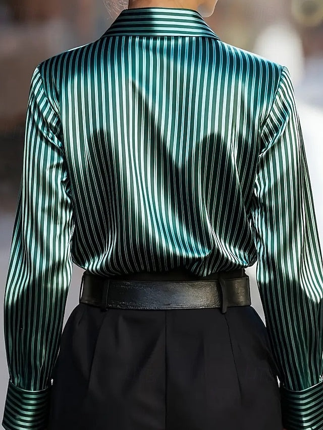 Women's Shirt Elegant Dressy Satin Top Buttons Striped