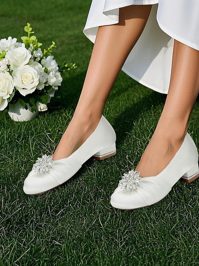– White Satin Elegant Flats Crystal Women's Wedding