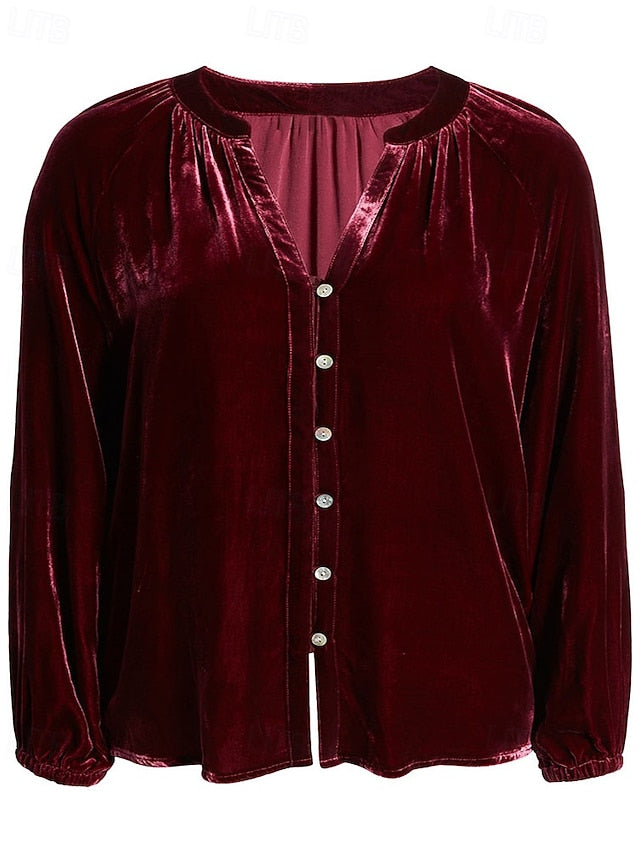Women's Shirt Velvet Elegant Dressy Ruched Buttons Solid