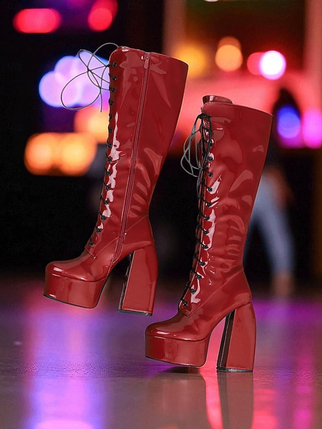 - Metallic Platform Knee High Women's Lace-Up Silver Boots