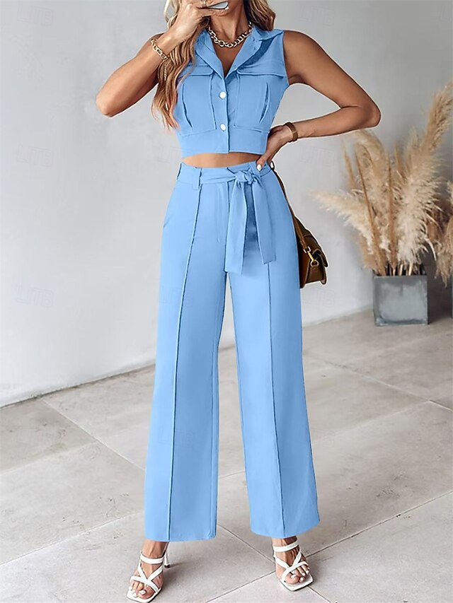 Women's Pants Sets Bolero Top Sleeveless Shirt Collar Plain