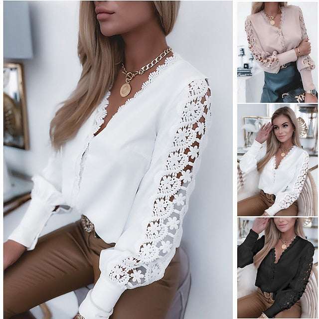 Women's Lace Shirt Blouse Eyelet top White Lace Shirt