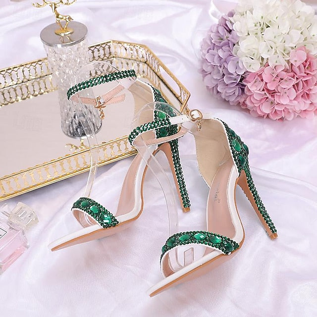 Matching Stiletto Green Ankle Heels Rhinestone Women's with