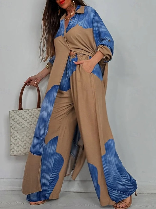 Women's Shirt Pants Sets Long Sleeve Shirt Collar Graphic