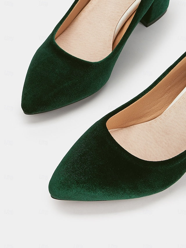 - Pointed Green Elegant Velvet Heel Block Toe Pumps Women's