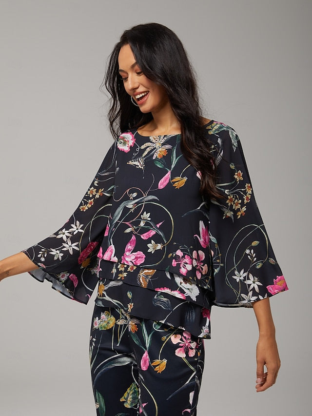 Women's Blouse Black Floral 3/4 Sleeve Loose Round Neck