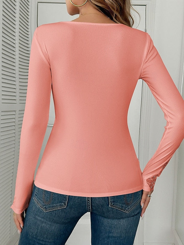 Women's T Shirt Tee Top Lace Patchwork Solid Color Elegant