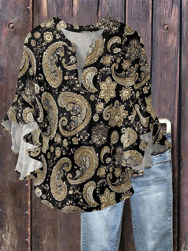 Women's Blouse Ruffle Print Paisley Ethnic Retro Vintage