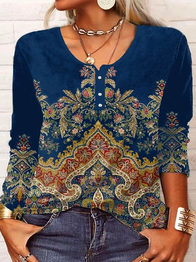 Women's T Shirt Buttons Print Floral Fashion Long Sleeve
