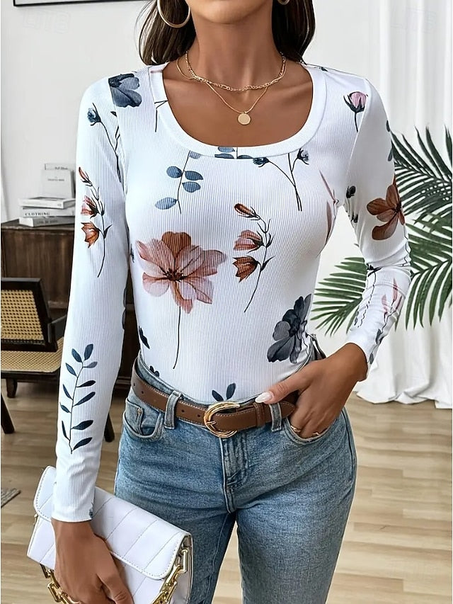 Women's T shirt Long Sleeve Ribbed Graphic Square Neck Long