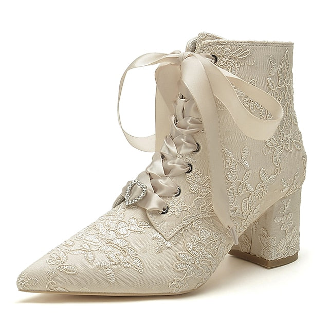 Lace-Up – White Women's Embroidered Booties Bridal Floral