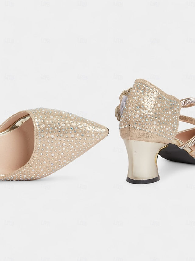 Rhinestone Glitter Heel Women's Strap Low Pointed Ankle Toe