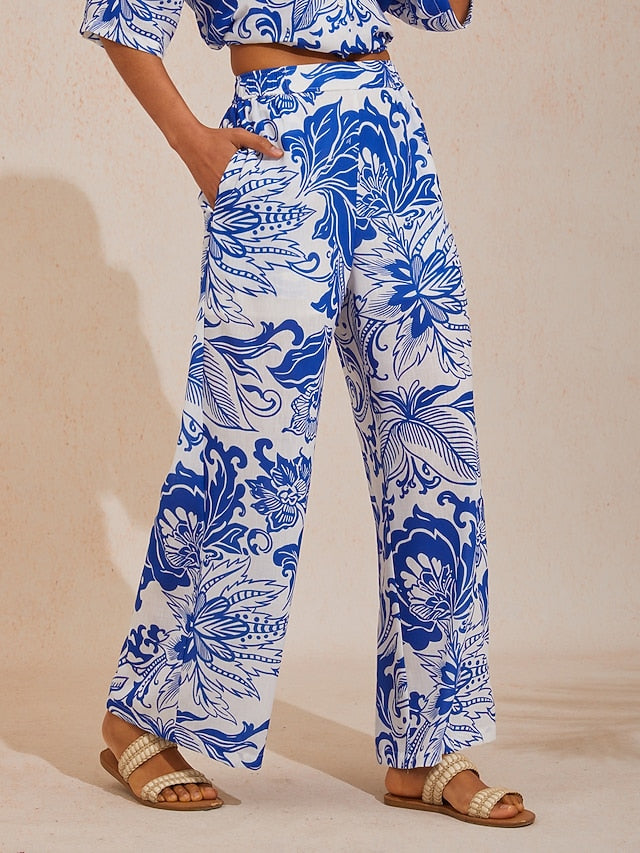 St Barth Blooms Airy Linen Look Blue Wide-Leg Pants