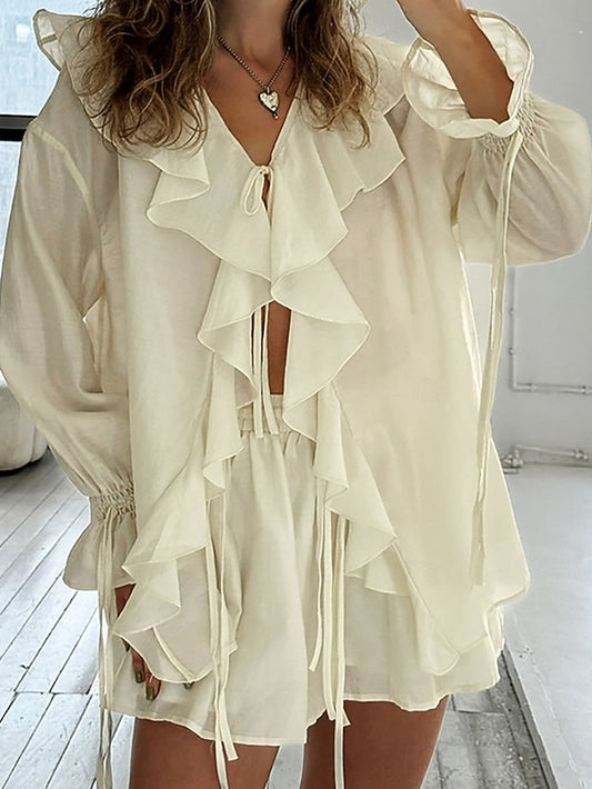 Women's Shirt Blouse Ruched Lace up Ruffle Solid Color