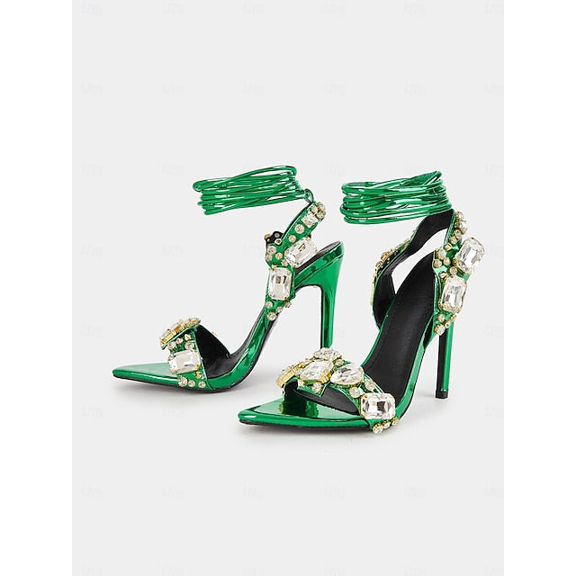 Women's Metallic with Stiletto Lace-Up Green Heels