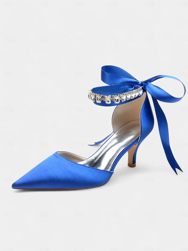 Blue Satin Rhinestone Heels Pointed-Kitten Strap Ankle and with